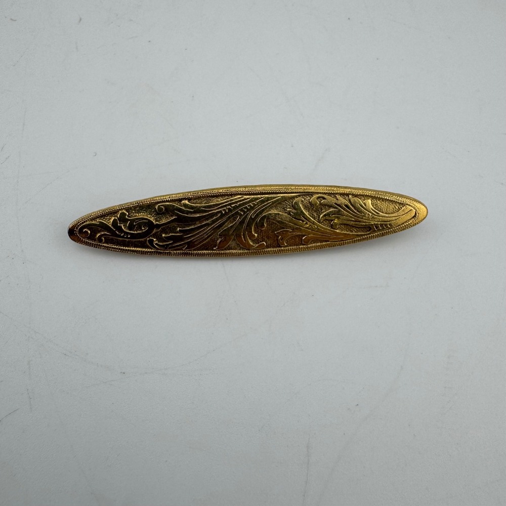 Vintage 1928 Bar Brooch Gold Tone Excellent Victorian Engraved Scroll Floral Pin
